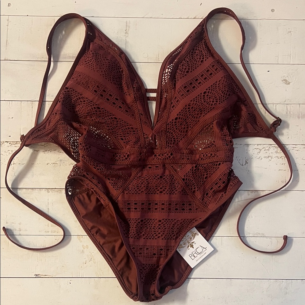 BECCA NWT Maroon Crochet One-Piece Swimsuit